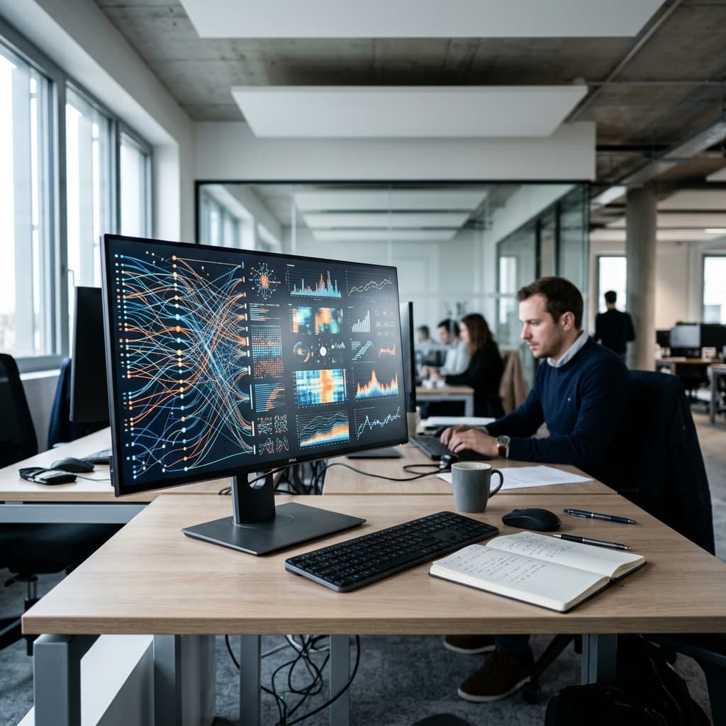 Consultant Intelligence Artificielle Hauts-de-France Écran d'ordinateur affichant des données complexes, illustrant le rôle du consultant IA dans le Nord
