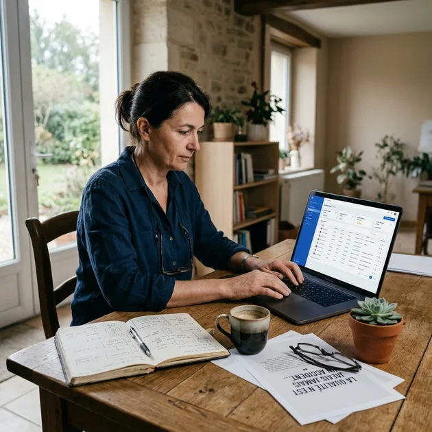 Dirigeant de TPE des Hauts-de-France travaillant sur un CRM sur mesure développé en Next.js et React, avec carnet de croquis d'architecture sur le bureau